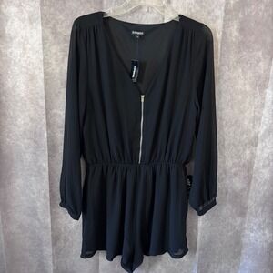 NWT Express Womens Medium One Piece Black Chiffon Sleeve VNeck Zip Waist Romper